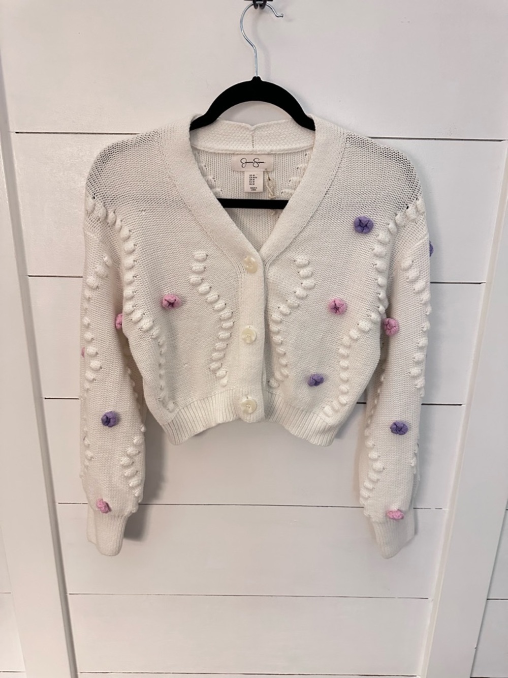 NWOT M Jessica Simpson white crotchet floral crop cotton long sleeve cardigan - Picture 2 of 13